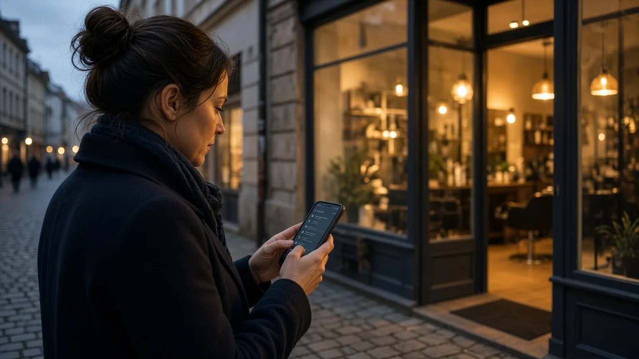 Čtení veřejného hodnocení kadeřnictví v telefonu před návštěvou